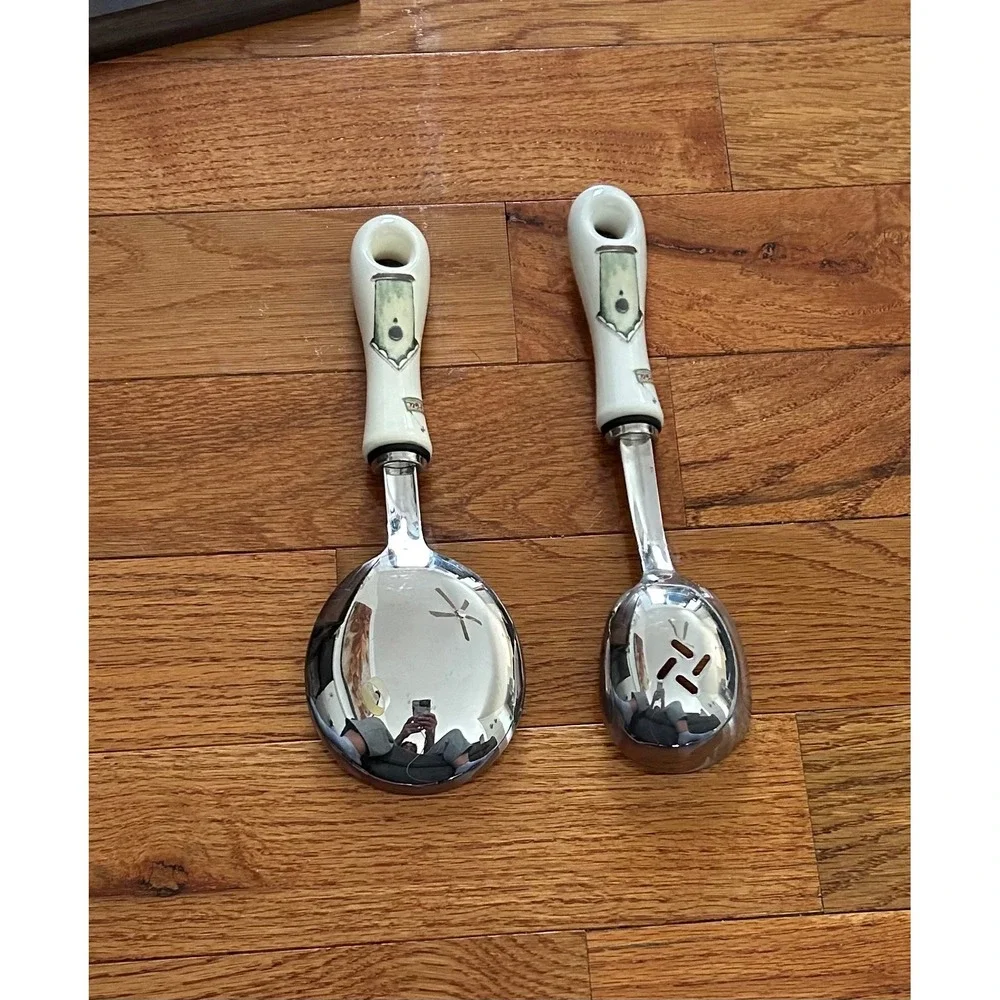 Garden Theme Ceramic Handle Stainless Steel Serving Spoon and Slotted Spoon Set